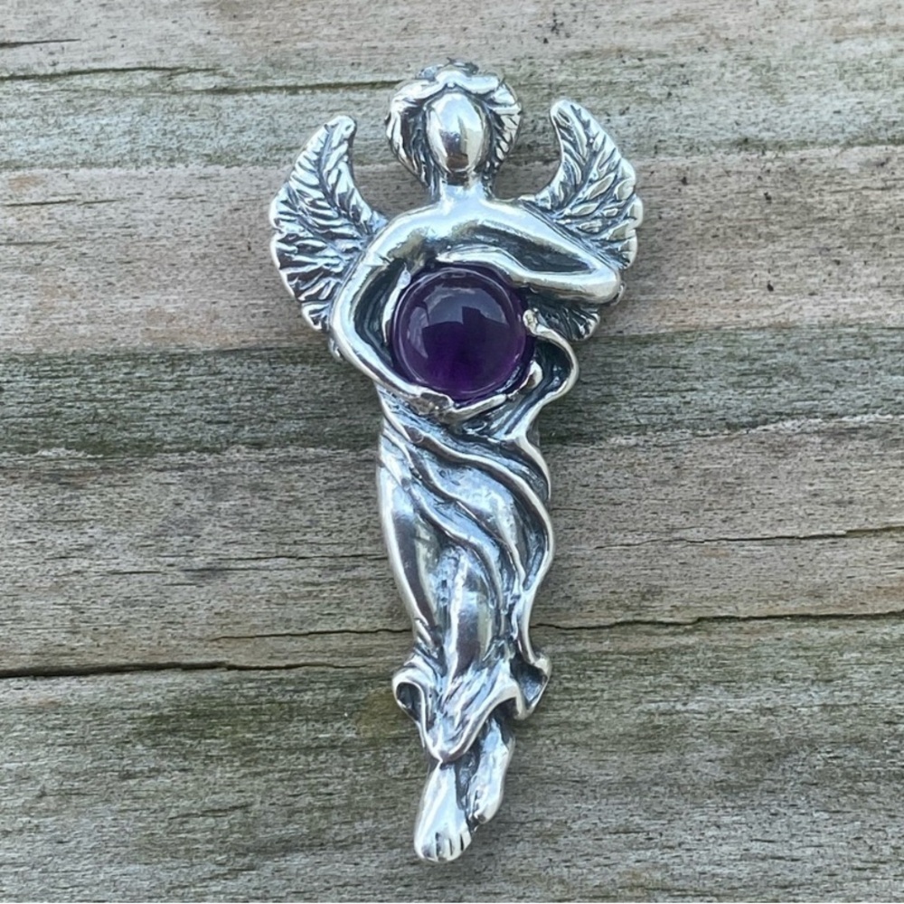 Dream Angel Pendant solid .925 Sterling Silver w/ genuine Amethyst made in USA